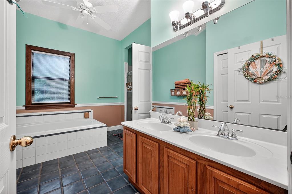 2836 Shenandoah Road DeLand, FL 32720 - Photo 14 of 46 a bathroom with a double vanity sink a mirror and a bathtub