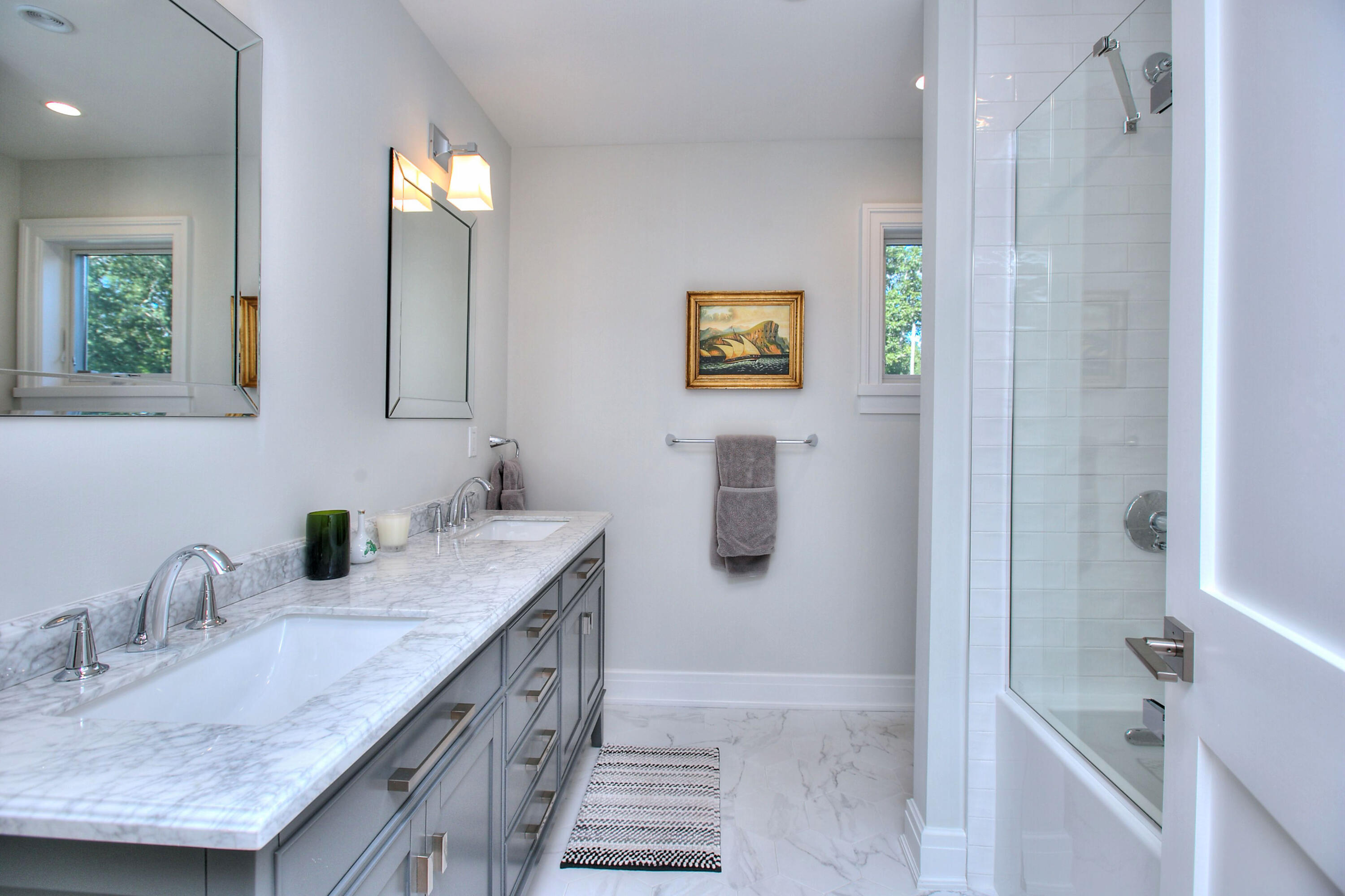 46 Blueberry Hill Road Redding, CT 06896 - Photo 22 of 32 a bathroom with a granite countertop sink mirror and a bath tub