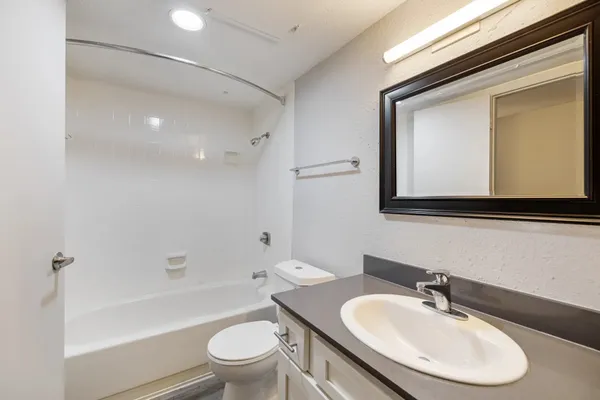 a bathroom with a toilet a sink a mirror and bathtub