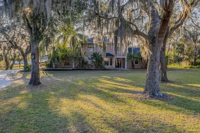 a view of a yard in front of a house with large trees