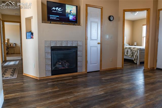 8298 Bohleen Road Peyton, CO 80831 - Photo 11 of 28 New luxury vinyl plank in living room, 3rd bedroom and hall. The living room has a coat closet and gas fireplace.