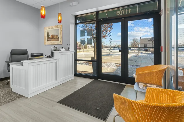 a view of a dining room with furniture
