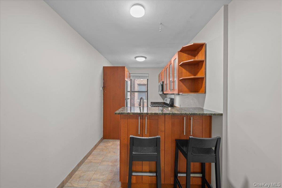 3260 Netherland Avenue, Unit 5A Bronx, NY 10463 - Photo 6 of 11 Bar featuring glass insert cabinets, brown cabinetry, open shelves, dark stone counters, and stainless steel appliances