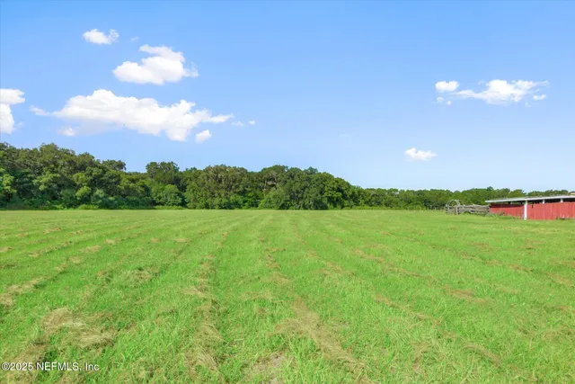 a view of swimming pool with seating area and trees in the back
