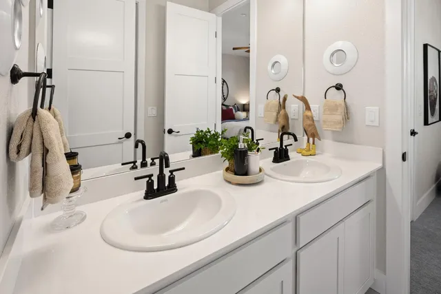 a bathroom with sink and mirror