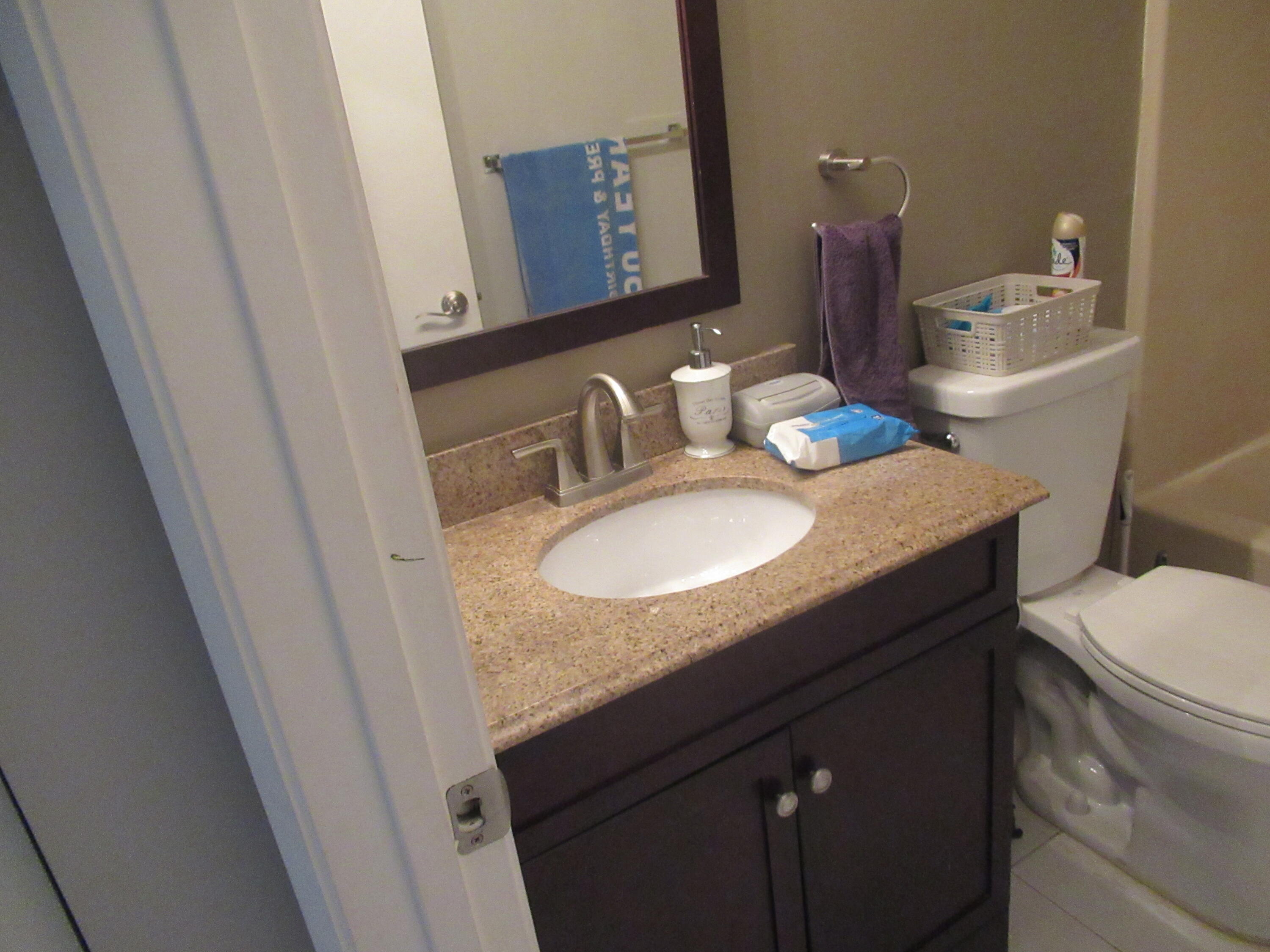 22016 Palms Way, Unit 204 Boca Raton, FL 33433 - Photo 13 of 23 a bathroom with a granite countertop sink toilet and a mirror