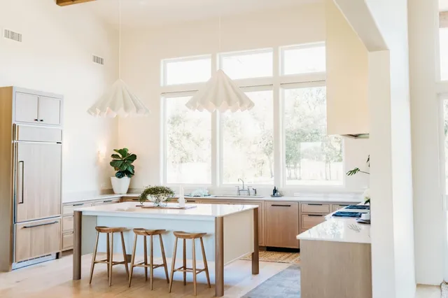 a dining table with a potted plant
