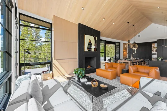 a living room with furniture a fireplace and a large window