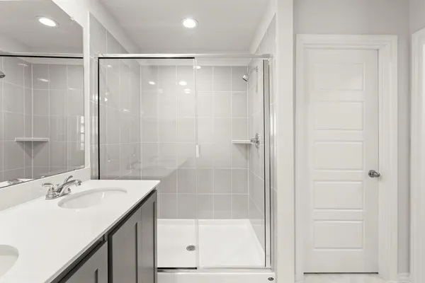 a bathroom with a shower sink vanity and mirror