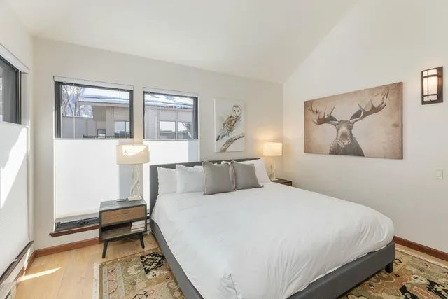 a bedroom with a large bed and a window