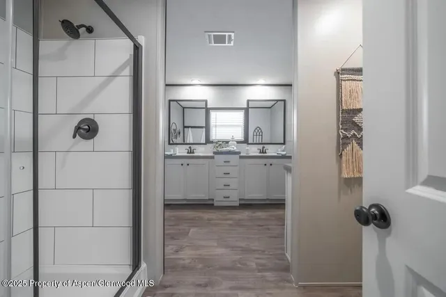 a bathroom with a shower sink and mirror