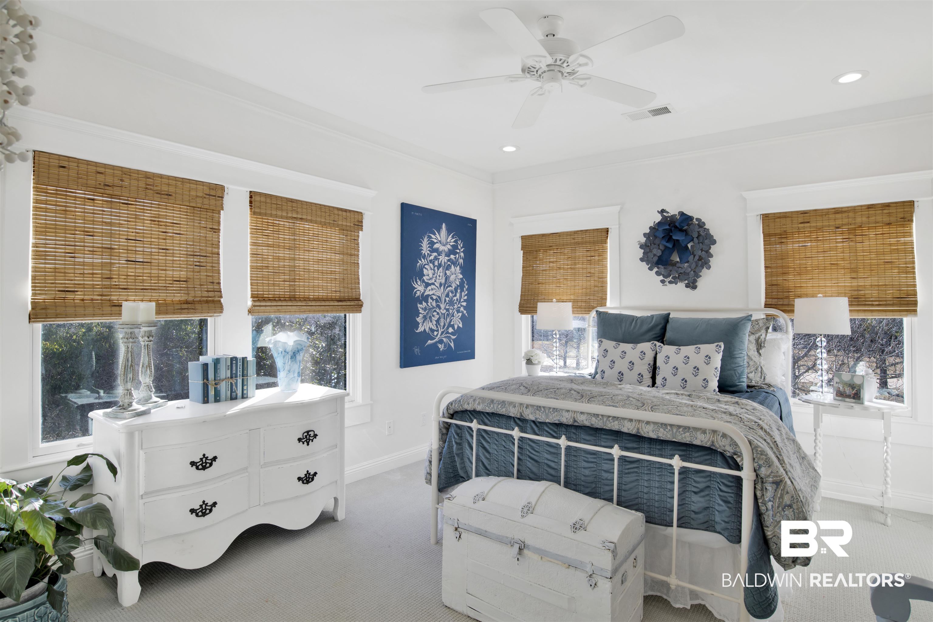 12094 Old Federal Road Magnolia Springs, AL 36555 - Photo 26 of 48 Carpeted bedroom featuring crown molding, multiple windows, and ceiling fan