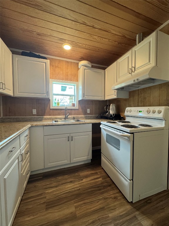 8060 County Road 210 Bertram, TX 78605 - Photo 40 of 40 Kitchen featuring wood ceiling, electric range, white cabinetry, dark wood finished floors, and under cabinet range hood