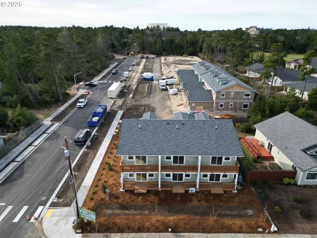 an aerial view of a town with big houses