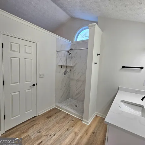 a bathroom with a sink and a shower