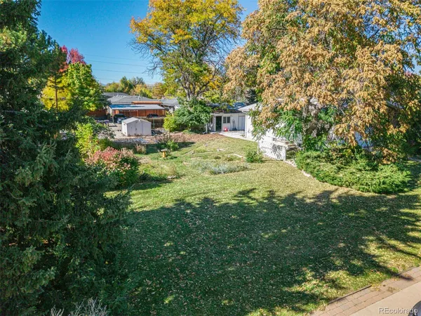 a backyard of a house with table and chairs