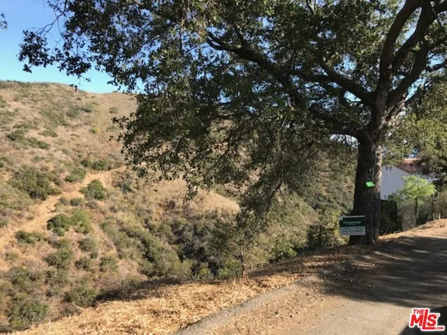 a view of a dry yard with mountains in the background
