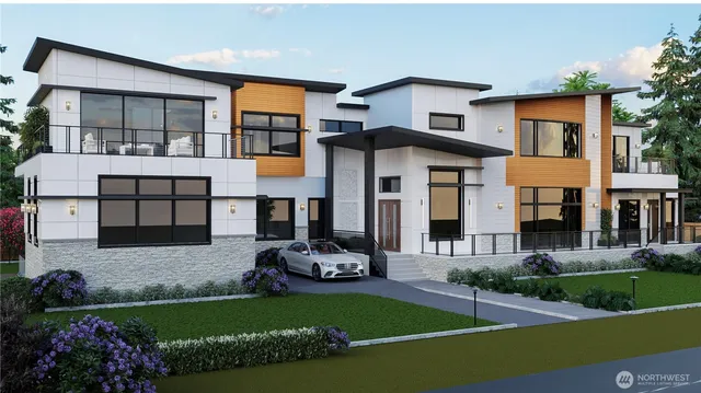 a front view of a house with a garden and trees