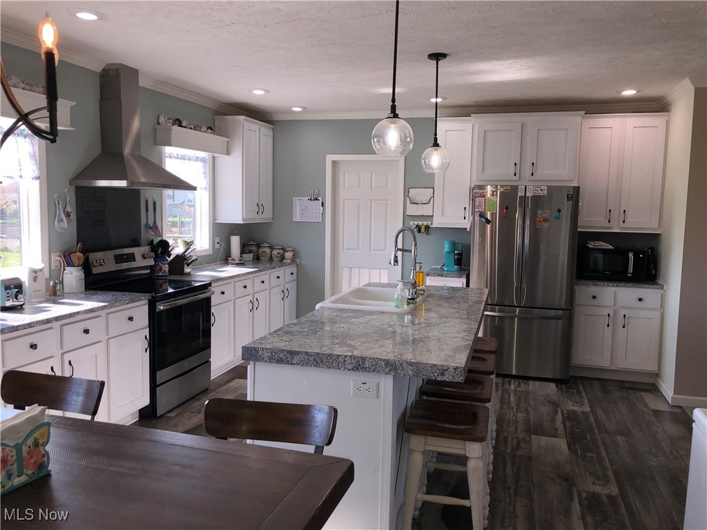 12908 Smith Road Wellington, OH 44090 - Photo 1 of 4 Kitchen with sink, an island with sink, island exhaust hood, stainless steel appliances, and decorative light fixtures