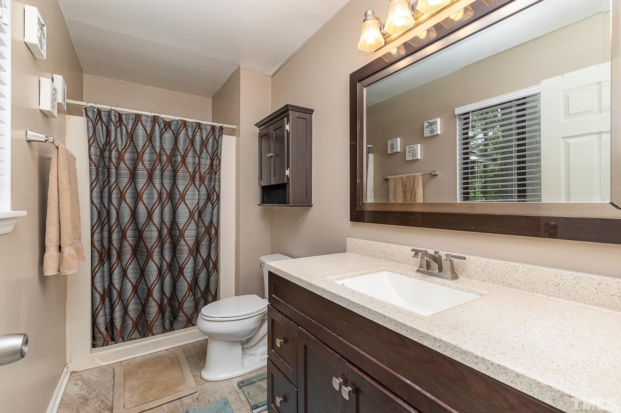 5609 Roslyn Road Durham, NC 27712 - Photo 17 of 31 a bathroom with a sink a toilet and shower