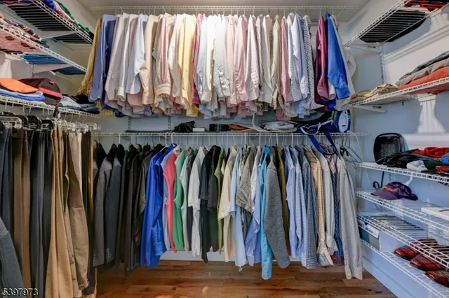 a view of walk in closet with clothes