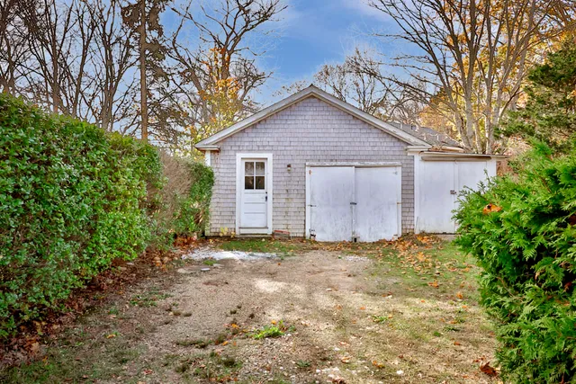 a backyard of a house with plants and large tree