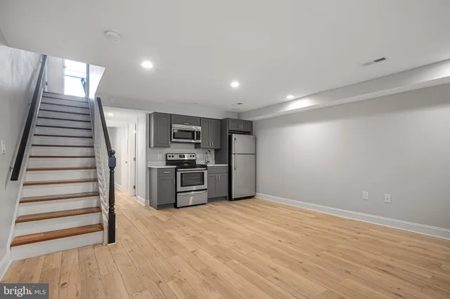 a kitchen with stainless steel appliances a refrigerator and a stove top oven