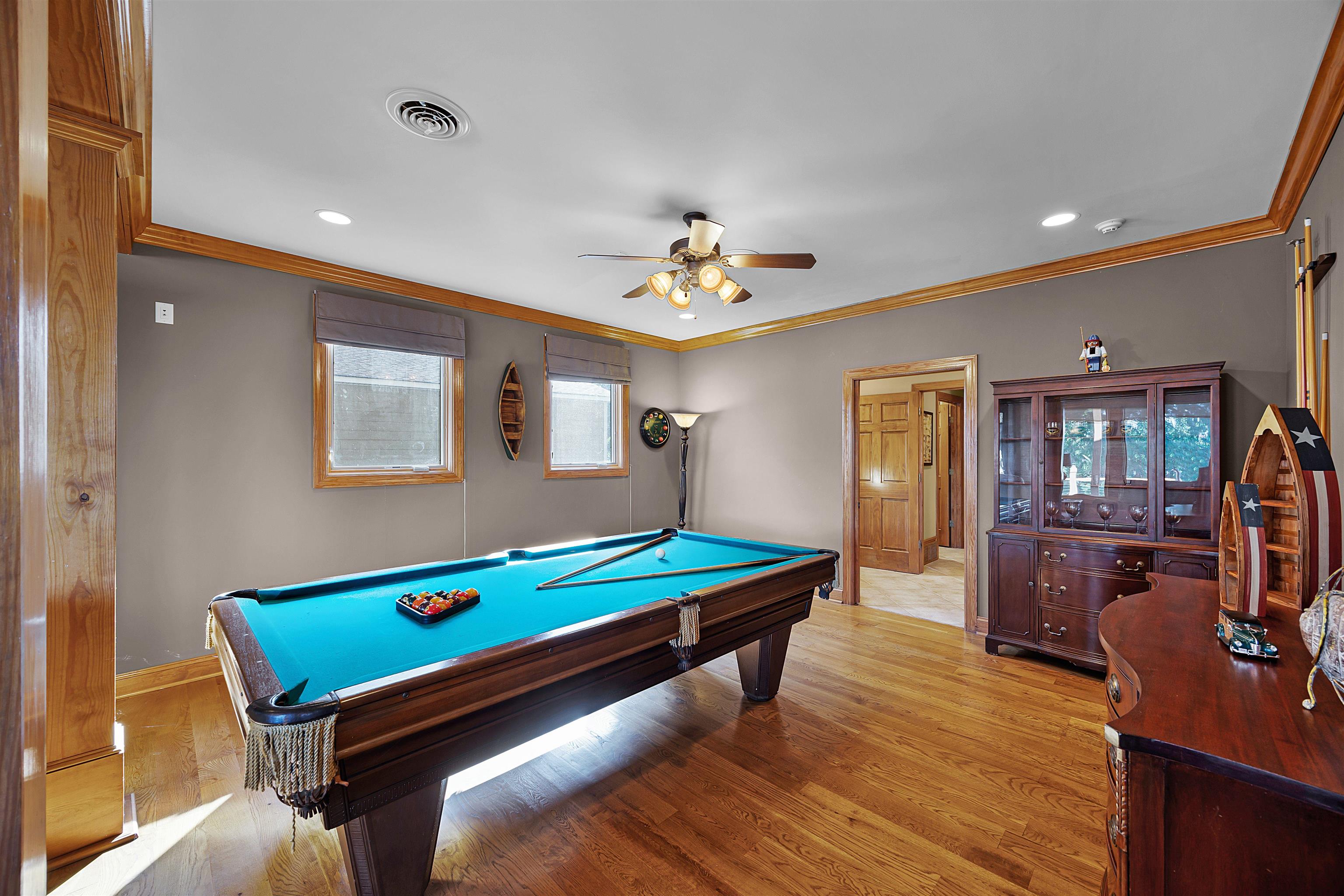 830 Big Bear Creek Road Cherokee, MS 35616 - Photo 26 of 39 Recreation room with pool table, ornamental molding, light hardwood / wood-style flooring, and ceiling fan