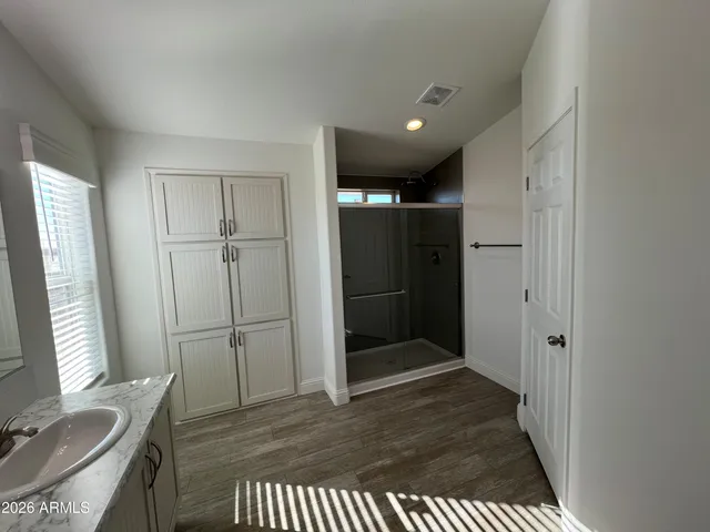 a bathroom with a sink a mirror and a shower