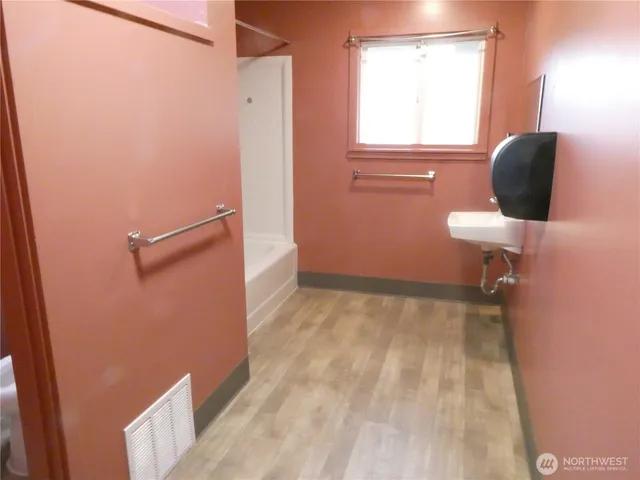 a bathroom with a window