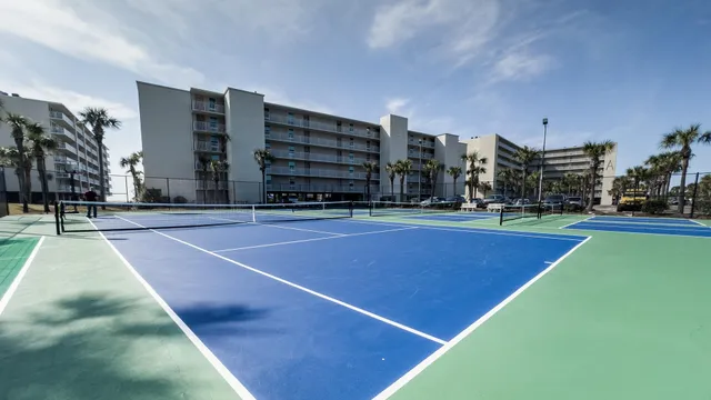 a view of a tennis ground with large trees