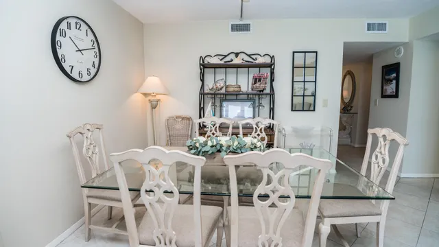 a view of a dining room with furniture