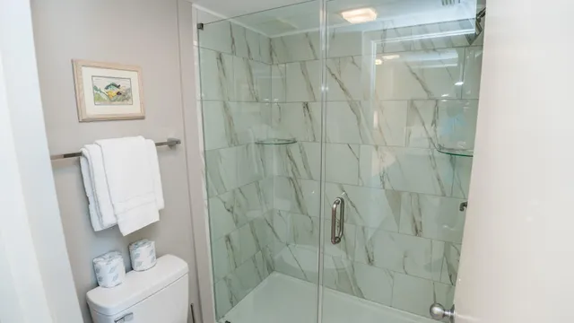 a bathroom with a shower and toilet