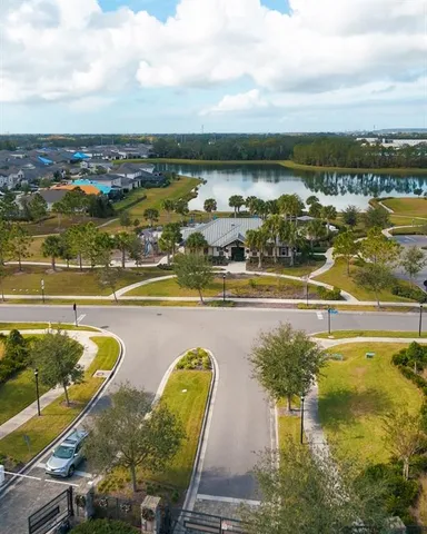 an aerial view of a swimming pool