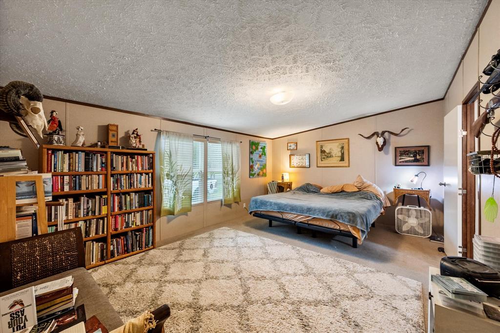 14036 Old Texaco Road Conroe, TX 77302 - Photo 28 of 40 Bedroom featuring lofted ceiling, ornamental molding, carpet flooring, and a textured ceiling
