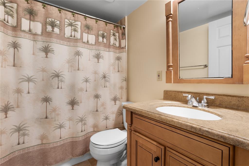 30 Inlet Harbor Road, Unit 5030 Ponce Inlet, FL 32127 - Photo 38 of 52 a bathroom with a granite countertop sink a toilet and a mirror