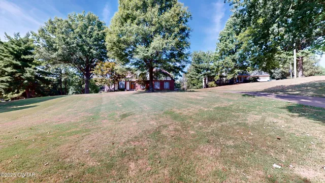 a view of a field with trees in the background