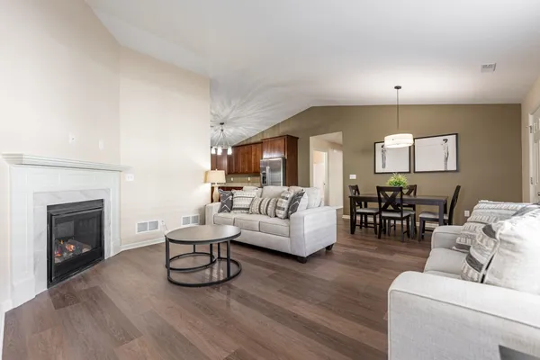 a living room with furniture and a fireplace