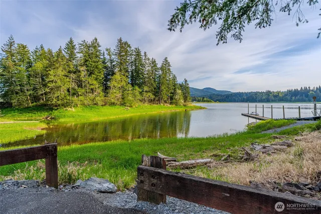 a view of a lake with a big yard and large trees
