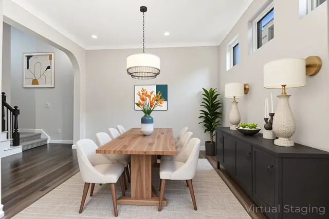 a view of a dining room with furniture