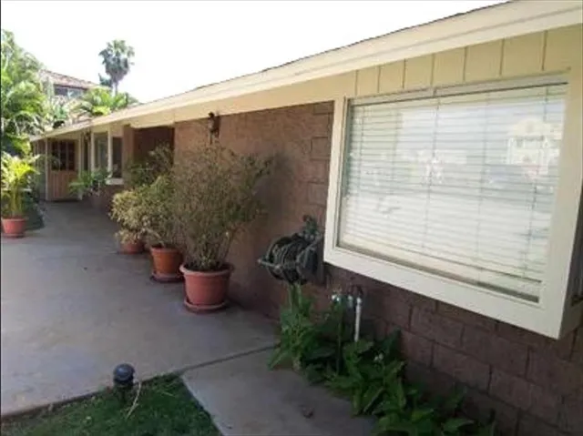 a backyard of a house with potted plants and water fountain