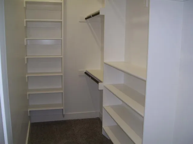a view of walk in closet with empty racks