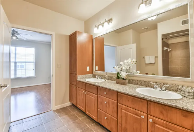 a bathroom with a granite countertop sink mirror and double