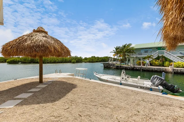 an aerial view of a house with a garden and lake view