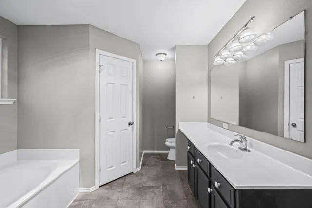 a bathroom with a double vanity sink a large mirror and a bathtub