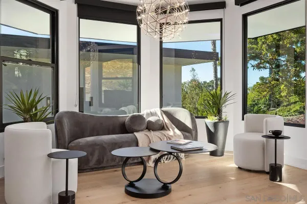 a living room with furniture and a floor to ceiling window