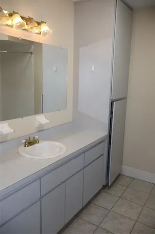 a bathroom with a sink and a mirror
