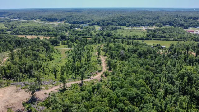 an aerial view of a houses with outdoor space and trees
