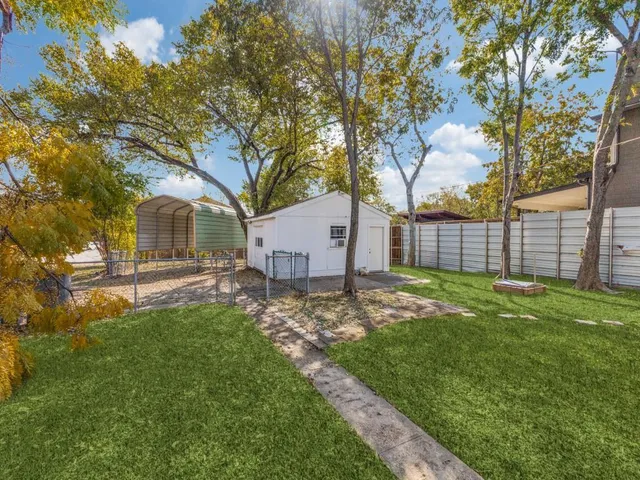 a view of a backyard with a large tree