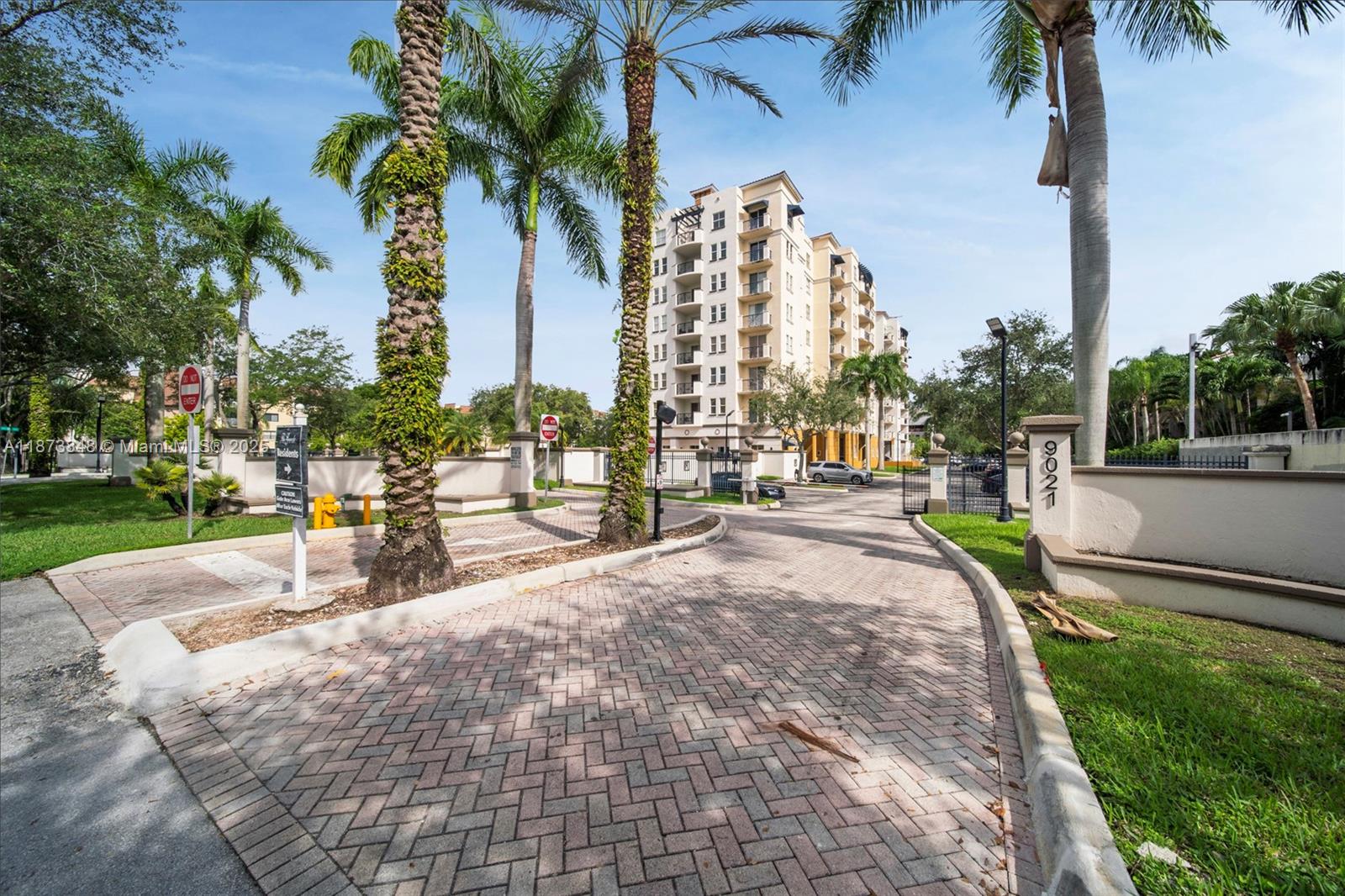 a view of a swimming pool with a lawn chairs under palm trees